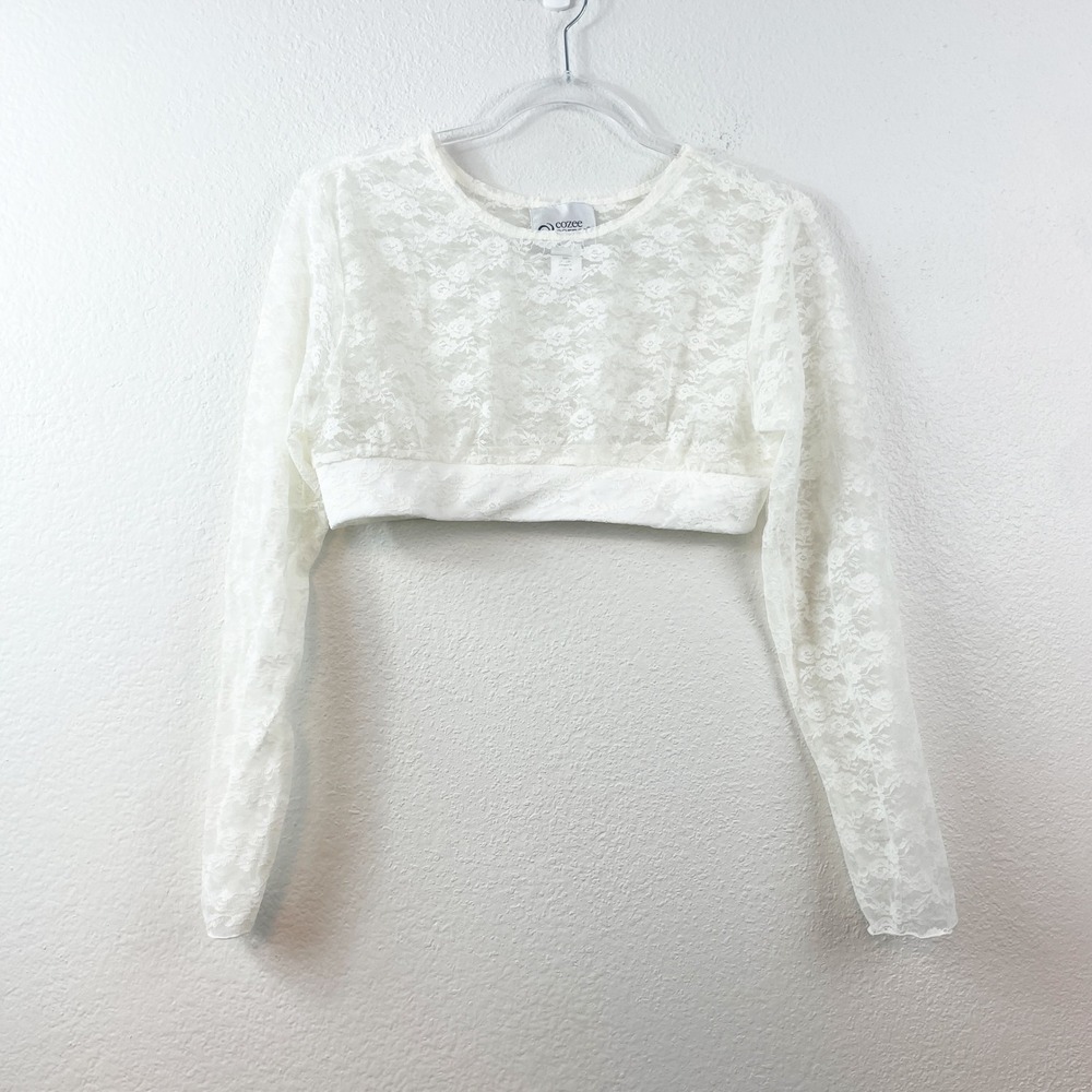 Cozee Corner Womens White Floral Lace Sheer Crop Top Long Sleeve Large‎ 67190